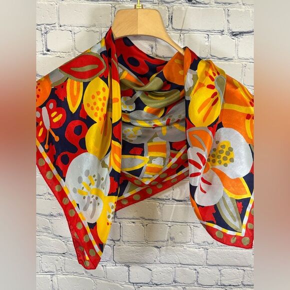Vintage 80s Australia Ken Done Red Orange Yellow Tropical Vibrant Classic Scarf - Picture 1 of 8